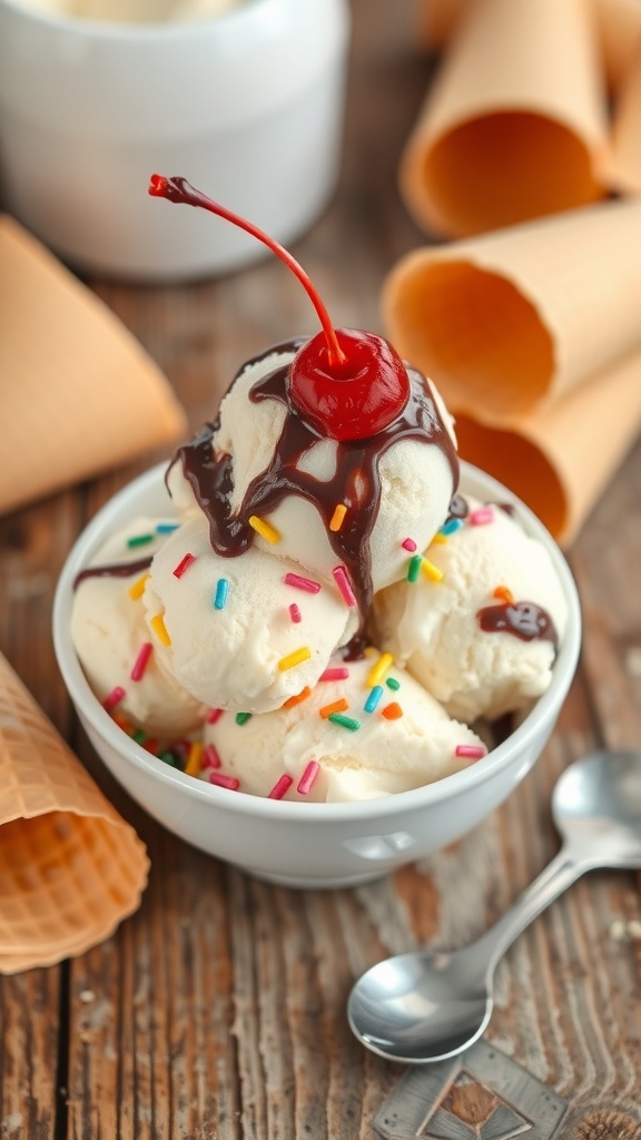 A bowl of vanilla ice cream topped with sprinkles and chocolate sauce, with ice cream cones on a wooden table.